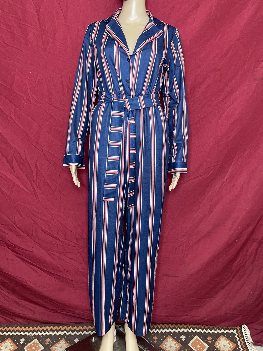 Ecowish Retro Striped Long Sleeve Button Down Belted Jumpsuit Size Small